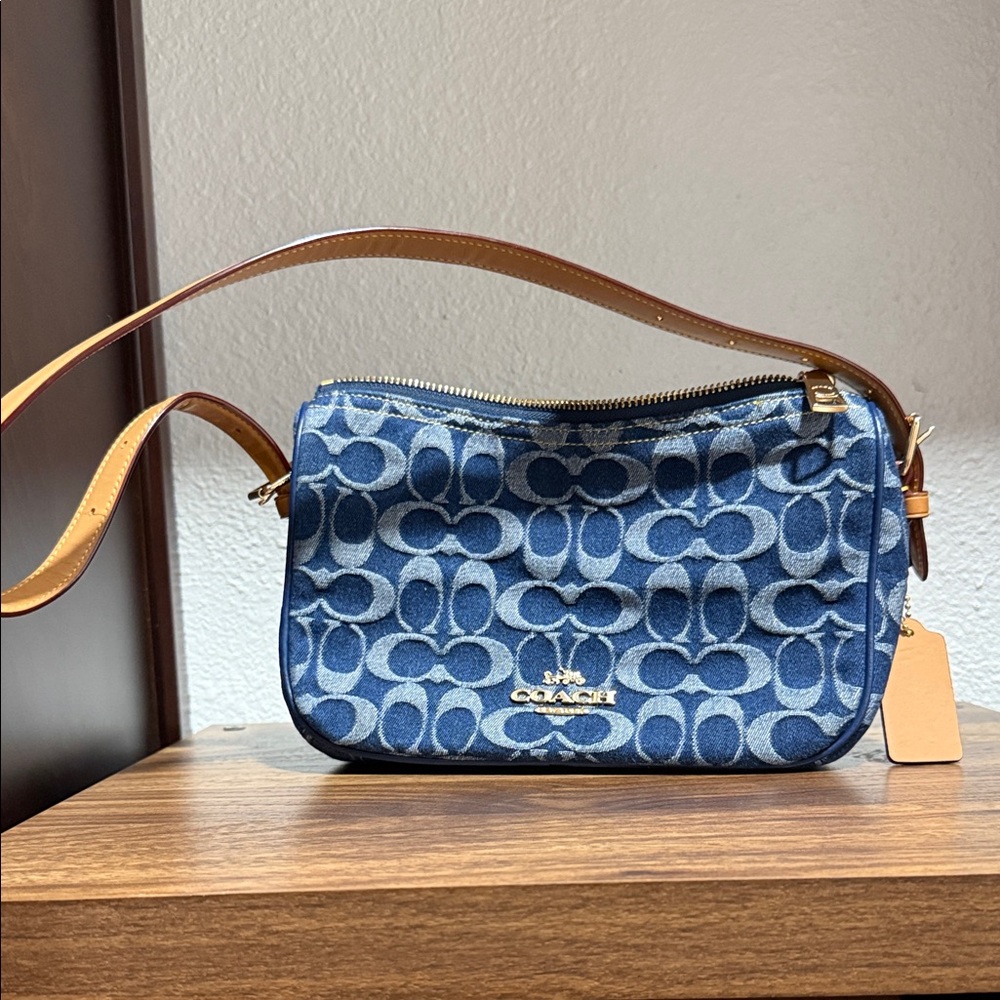 Coach Blue Signature Denim Mini Shoulder Bag with Tan Strap